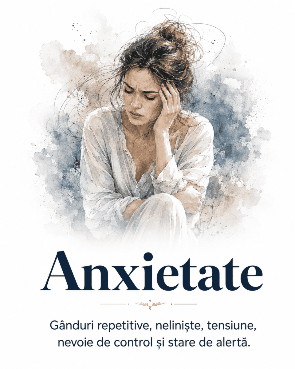 Femeie copleșită de gânduri repetitive și tensiune, ilustrație pentru pagina despre anxietate