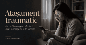 Imagine pentru articol despre atașament traumatic, cu o femeie care ține telefonul în mână și ezită să trimită un mesaj.