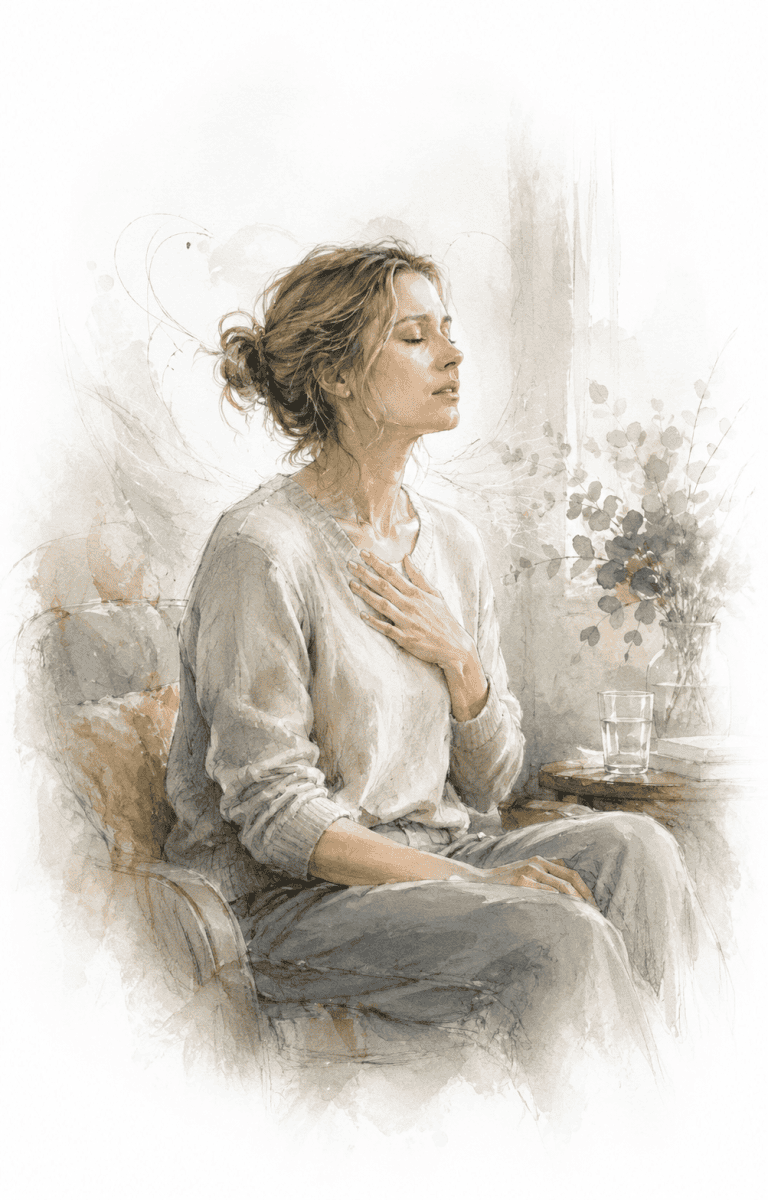 Anxietate și stres, Laura Andrunachi, femeie meditând acasă, relaxare și echilibru emoțional, ședințe online București,.